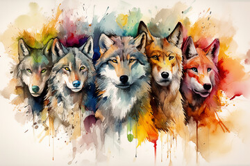 Fierce Wolf Pack in Vibrant Watercolor Style with Bold Brushstrokes