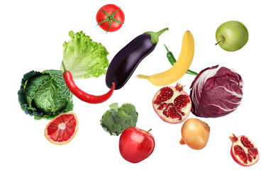 Many fresh vegetables and fruits falling on white background