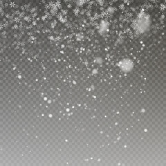 Christmas snow. Falling snowflakes on transparent background. Snowfall. Vector illustration.