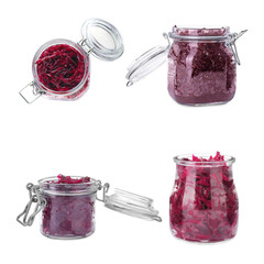 Collage with jars of tasty red sauerkraut on white background