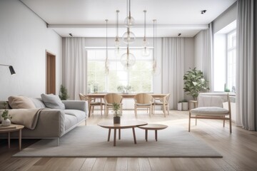 Naklejka na ściany i meble cozy living room with ample seating and natural light from a large window. Generative AI