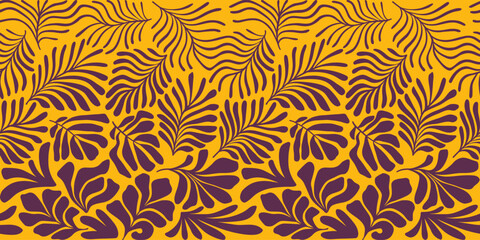 Brown yellow abstract background with tropical palm leaves in Matisse style. Vector seamless pattern with Scandinavian cut out elements.