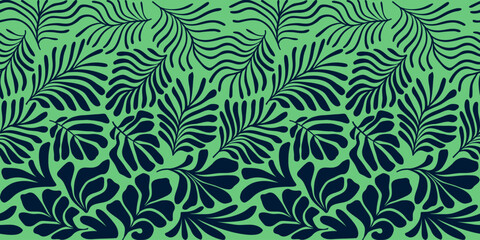 Fototapeta na wymiar Green abstract background with tropical palm leaves in Matisse style. Vector seamless pattern with Scandinavian cut out elements.