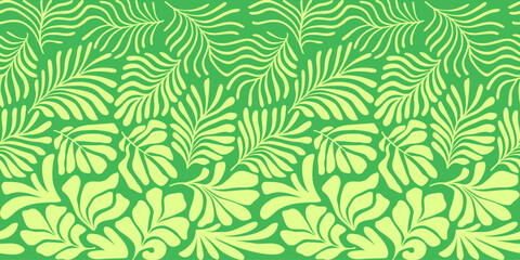 Yellow lime green abstract background with tropical palm leaves in Matisse style. Vector seamless pattern with Scandinavian cut out elements.