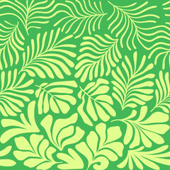 Yellow lime green abstract background with tropical palm leaves in Matisse style. Vector seamless pattern with Scandinavian cut out elements.