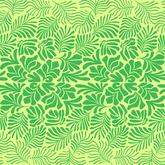 Fototapeta na wymiar Yellow lime green abstract background with tropical palm leaves in Matisse style. Vector seamless pattern with Scandinavian cut out elements.