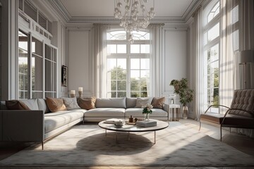 luxurious living room with elegant furniture and a sparkling chandelier. Generative AI