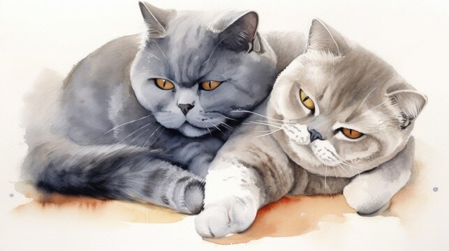 british shorthair, cats, painting, watercolor, calm, watercolor painting.