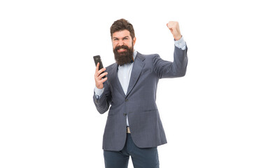 Business information. Businessman calling client hold smartphone. Good business talk. Man manager phone conversation. Guy with smartphone call friend. Mobile call concept. Successful business call