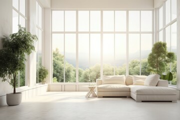 Fototapeta premium modern white living room with large windows and a comfortable couch. Generative AI