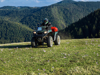 A man driving a quad ATV motorcycle through beautiful meadow landscapes © .shock