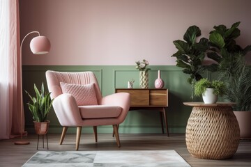 Fototapeta na wymiar cozy living room featuring a stylish pink chair and green potted plants. Generative AI