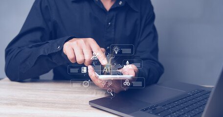 Businessmen demonstrate how artificial intelligence (AI) works, how software is programmed on an interface, how the internet of things works, and how innovative technologies are developed.