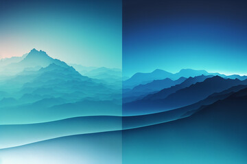 Different shades of blue gradient layered background, silhouette of mountains at a sunset. Generative AI