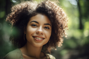 Attractive young afro-american woman in a green park. Generative AI