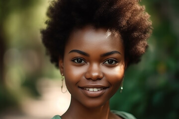 Attractive young afro-american woman in a park. Generative AI