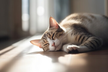 Cat dreaming in a sunbeam. Generative AI