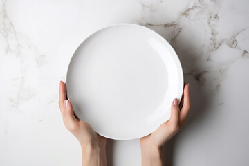 Woman's arms holding an empty white plate on the marble background, top view. Generative AI