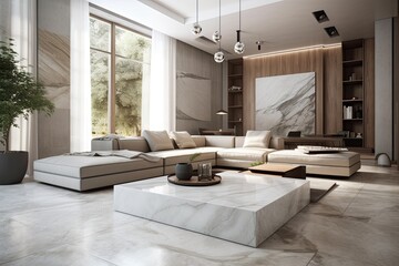 Contemporary Living Room with a Spacious Marble Coffee Table. Generative AI