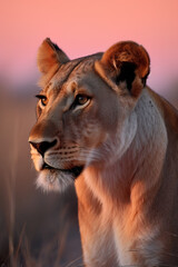 Lioness on the Savannah at Dusk: Vibrant Orange and Pink