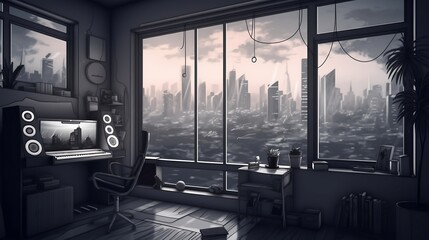 Cozy Modern music studio with a large window showing a modern city on a cloudy day, AI, Generative, Generative AI