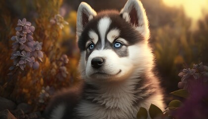 Obraz premium Beautiful husky baby or puppy portrait in nature generative ai