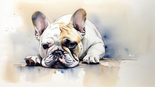 French Bulldog, english bulldog, painting, watercolor, calm, watercolor painting.