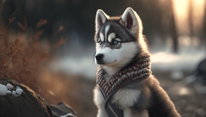 Beautiful husky baby or puppy portrait in winter nature generative ai