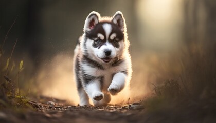 Obraz premium Beautiful husky baby or puppy running in nature generative ai