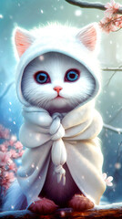 Cute white fairy tale cat with white cape with ears and flowers background. Cover for fairy tale book. Generative AI