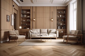 Fototapeta premium cozy living room with warm wooden flooring and comfortable furniture. Generative AI