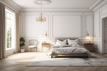 Fototapeta premium Luxurious Bedroom with a Large Bed and Elegant Chandelier. Generative AI