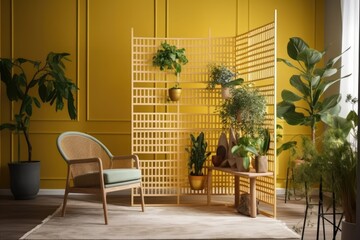cozy room with plants, a yellow wall, and a comfortable chair. Generative AI