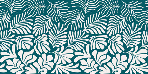 Blue green abstract background with tropical palm leaves in Matisse style. Vector seamless pattern with Scandinavian cut out elements. - 588170982
