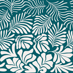 Fototapeta na wymiar Blue green abstract background with tropical palm leaves in Matisse style. Vector seamless pattern with Scandinavian cut out elements.