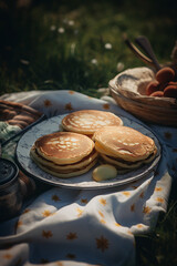 Beautiful close-up of delicious pancakes nicely decorated on a picnic blanket, made with generative AI