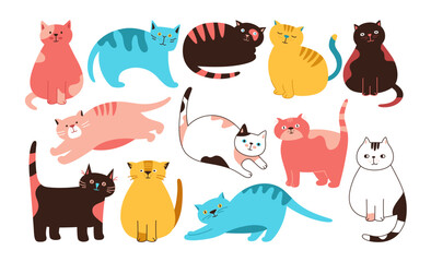 Cats cute doodle cartoon set. Kitty purebred with different poses and emotions flat collection. Outline drawn cats sleeping, stretching and playing. Kitten characters pet animals isolated vector