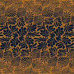 Gold abstract background with tropical palm leaves in Matisse style. Vector seamless pattern with Scandinavian cut out elements.