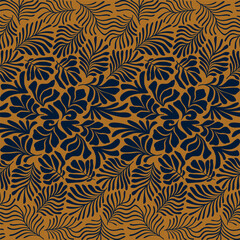 Gold abstract background with tropical palm leaves in Matisse style. Vector seamless pattern with Scandinavian cut out elements.