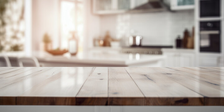 empty table top with out of focus lights and bokeh on modern minimalist kitchen background.Generative AI