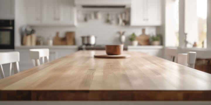 Empty Table Top With Out Of Focus Lights And Bokeh On Modern Minimalist Kitchen Background.Generative AI