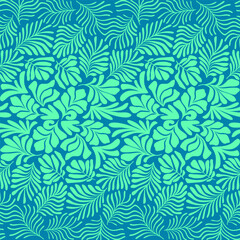 Fototapeta na wymiar Turquoise blue abstract background with tropical palm leaves in Matisse style. Vector seamless pattern with Scandinavian cut out elements.