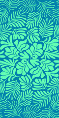 Turquoise blue abstract background with tropical palm leaves in Matisse style. Vector seamless pattern with Scandinavian cut out elements.