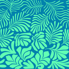 Turquoise blue abstract background with tropical palm leaves in Matisse style. Vector seamless pattern with Scandinavian cut out elements.
