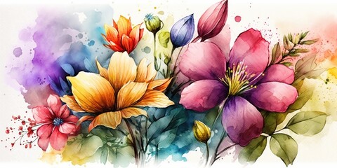 watercolor flowers background, spring bouquet, Painting, Floral Blooming, Daisy, Gerbera, Colorful, Wallpaper. AI generated.