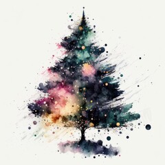 Abstract Watercolor Christmas Tree Painting with Paint Droplets.