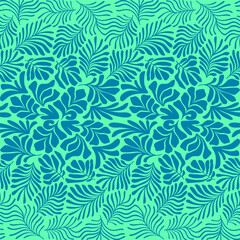 Turquoise blue abstract background with tropical palm leaves in Matisse style. Vector seamless pattern with Scandinavian cut out elements.