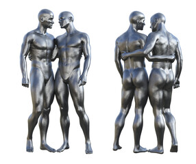 Fototapeta na wymiar 3D Render : Portrait of twin silver, iron metal texture male dummy character is hugging each other, PNG transparent