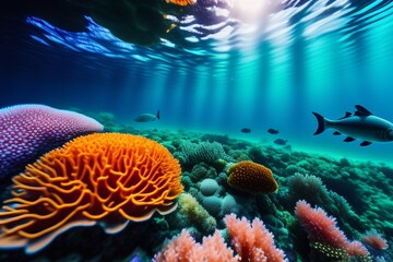 Fototapeta na wymiar A vibrant underwater coral reef teeming with colorful fish and marine creatures, featuring a curious sea turtle swimming among the coral, a sunbeam shining through the water