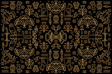 Decorative african seamless, geometric ethnic Egypt backdrop. Vector tribal cover background. Bright orange and black art decoration illustration